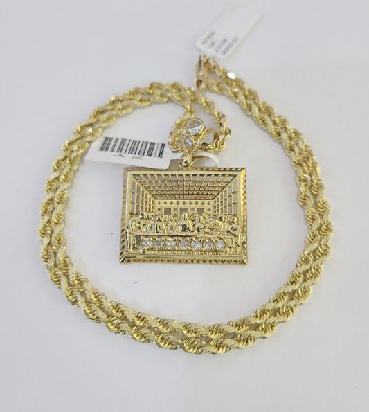 10k Solid Rope Chain Last Supper Charm Set 4mm 18"-30" Necklace Gold Pendant