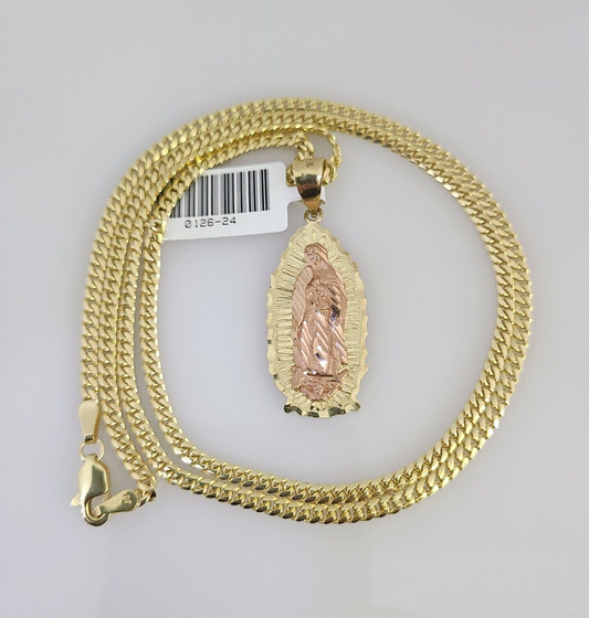 10K Solid Gold Miami Cuban Chain Virgin Mary Pendant Charm 18"-26" 2.5mm SET