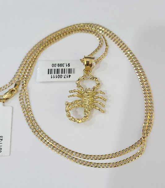 10k Gold Cuban Curb Chain Scorpio Pendant Two Tone Charm Set 2mm Necklace
