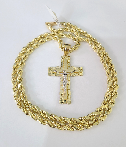 Real 10k Rope Chain Jesus Cross Charm Necklace Pendant Set 5mm 18"-28" Gold