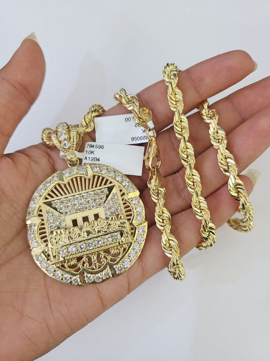Real 10k Solid Rope Chain Last Supper Charm Set 6mm 20"-30" Inch Necklace Gold