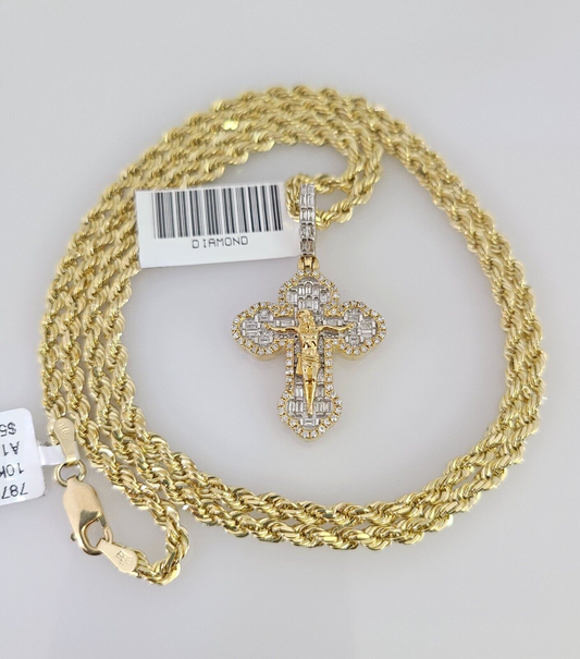 10k Solid Rope Chain Jesus Cross Pendant Diamond Necklace 20"-28" Gold Set 3mm