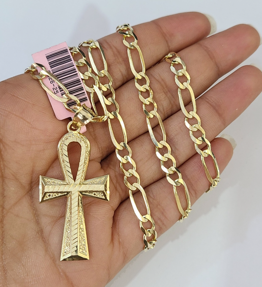 14k Solid Figaro Chain Ankh Jesus Cross Pendant Gold 4mm 18-28 inch SET Necklace