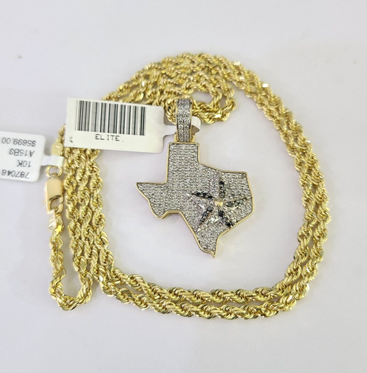 10k Solid Rope Chain 3mm Diamond Texas Map Pendant Charm Necklace SET 18-26 in