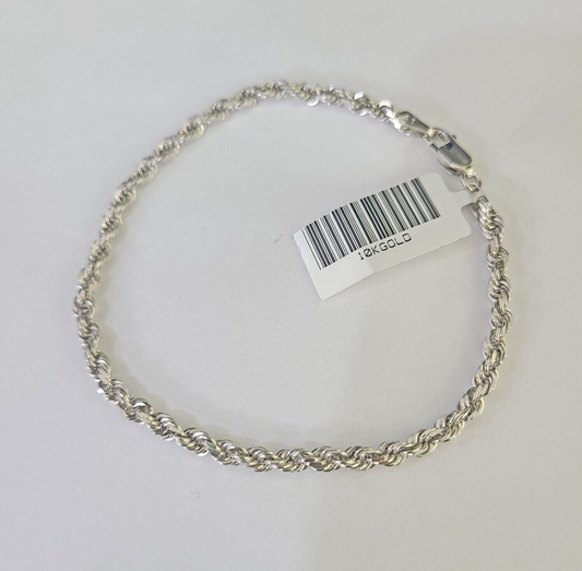 Real 10K Rope Bracelet White Gold Solid 3mm 7Inch Lobster Lock Unisex Genuine