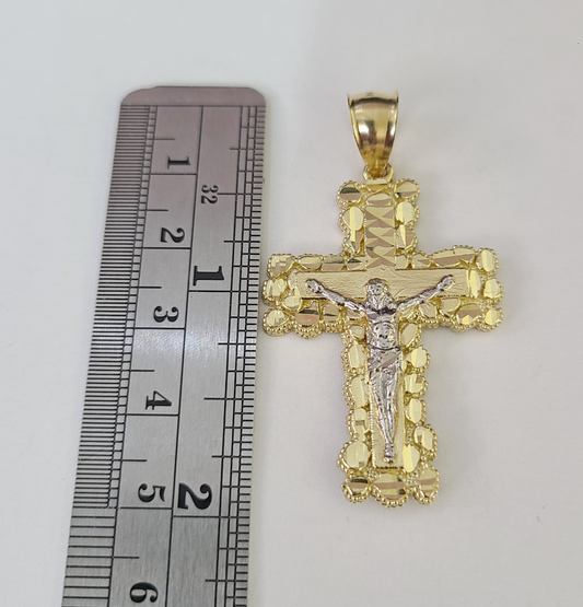 10k Gold Chain Cuban Curb Jesus Cross Charm Pendant Link 5mm 18"-28" Inch SET