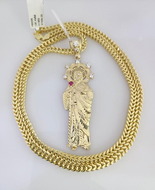 10K Franco Chain Saint Jude Pendant Charm 20"-28" 4mm Gold SET Necklace Yellow