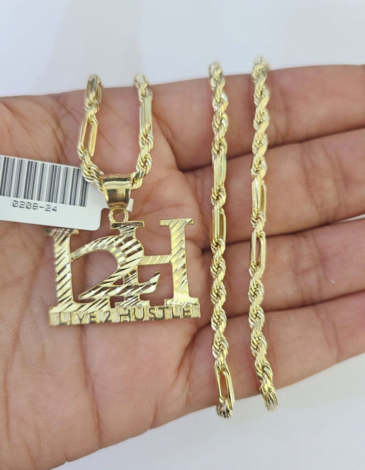 Real 10k Milano Rope Chain L2H Charm Necklace SET 3mm 18" 20" 22" 24"