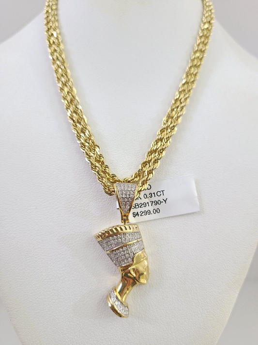 10k Solid Rope Chain Egypt Queen Pendant Diamond Necklace 20"-28" Gold Set 3mm