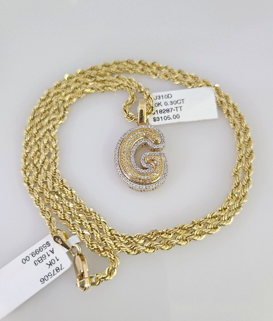 10k Solid Rope Chain G Initial Pendant Diamond Necklace 20"-28" Gold Set 3mm