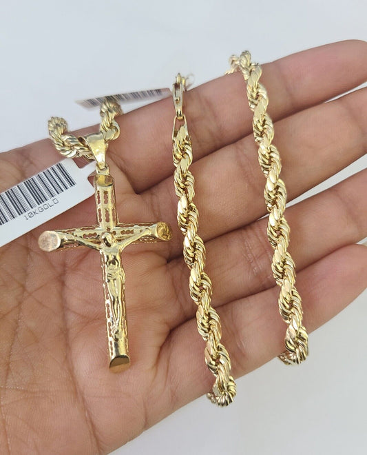 Real 10k Gold Rope Chain Cross Charm Pendant Set Necklace 5mm 20"-30"