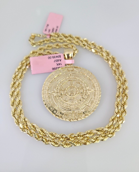 Real 14k Solid Rope Chain Mayan Calendar Charm Gold Set 4mm 18"-30" Necklace