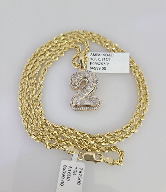 10k Solid Rope Chain 2 Number Pendant Diamond Necklace 20"-28" Gold Set 3mm