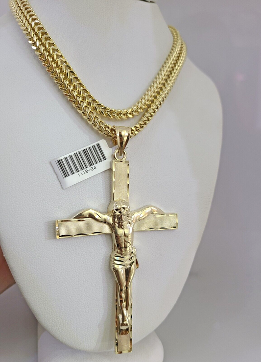 10K Franco Chain Necklace Jesus Cross Pendant Charm 20"-28" 4mm Yellow Gold SET