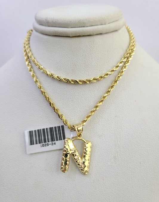 10k Gold Initial N Charm Rope Chain 16"-26" 2.5mm SET Necklace Alphabet Pendant