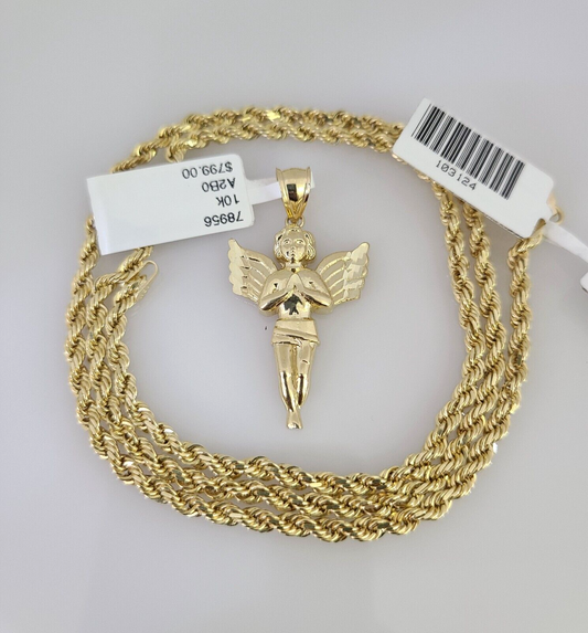 10k Solid Rope Chain Praying Angel Pendant 18"-28" Gold Set Charm Necklace 3mm