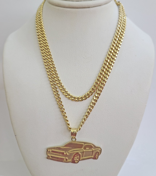 10k Gold Chain Miami Cuban Car Challenger Charm Pendant Set 4mm 18"28" Necklace