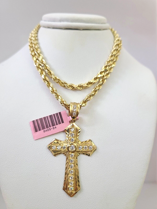 Real 14k Solid Rope Chain Jesus Cross Charm Gold Set 4mm 18"-30" Necklace