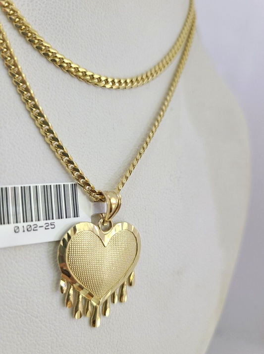 10K Solid Gold Miami Cuban Chain 2.5mm Dripping Heart Charm SET 18"-24" Pendant
