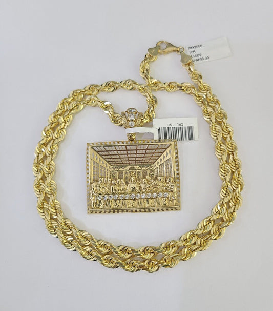Real 10k Solid Rope Chain Last Supper Charm Set 6mm 20"-30" Inch Necklace Gold