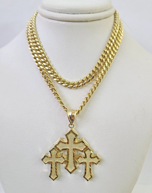 10k Triple Cross Charm Miami Cuban Chain Pendant Set 5mm 18"28" Necklace Gold