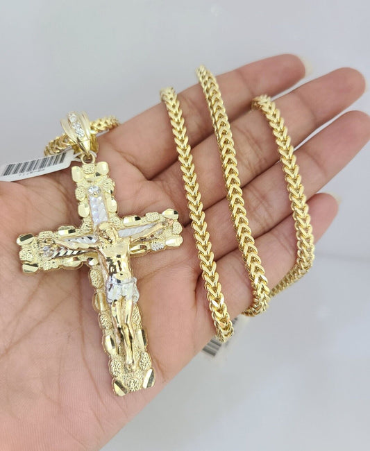 10K Franco Chain Nugget Cross Pendant Charm 20"-28" 4mm Gold SET Necklace Yellow