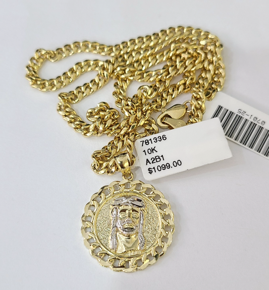 10k Gold Chain Miami Cuban Jesus Head Charm Pendant Set 4mm 18"-28" Necklace