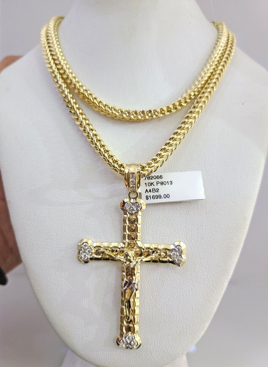 10K Franco Chain Heart Cross Pendant Charm 20"-28" 4mm Gold SET Necklace Yellow