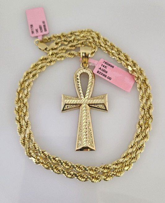 Real 14k Solid Rope Chain Ankh Cross Charm Gold Set 4mm 18"-30" Necklace Pendant