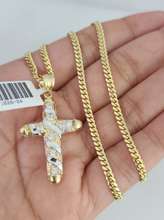 10K Solid Gold Miami Cuban Chain 2.5mm Spiral Cross Charm SET 18"-24" Pendant