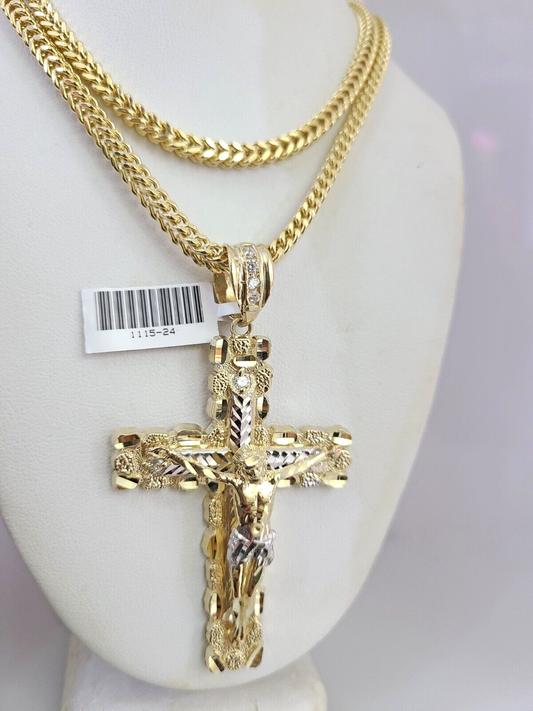 10K Franco Chain Nugget Cross Pendant Charm 20"-28" 4mm Gold SET Necklace Yellow