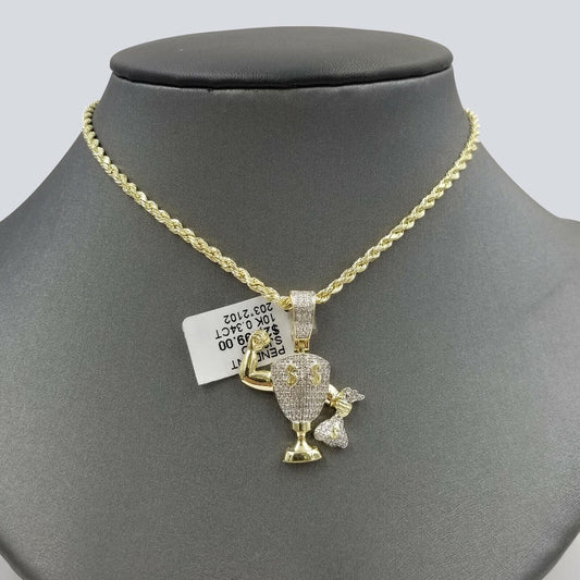 10K Money Bag Yellow Gold Diamond Charm Rope Chain 18" - 26" 2.5mm