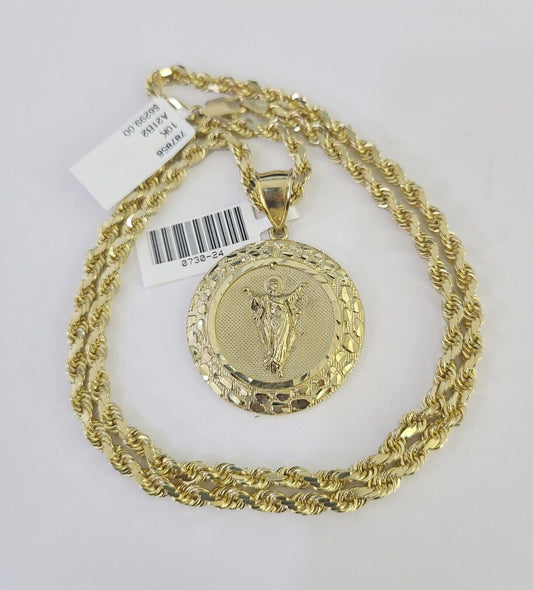 10k Solid Rope Chain Jesus Charm Set 4mm 18"-30" Necklace Gold Pendant