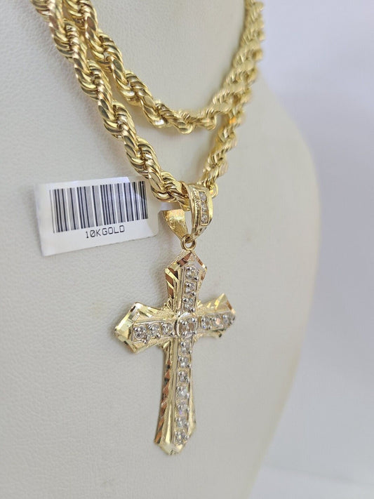 Real 10k Rope Chain Jesus Cross Charm Necklace Pendant Set 5mm 20"-30" Inch Gold