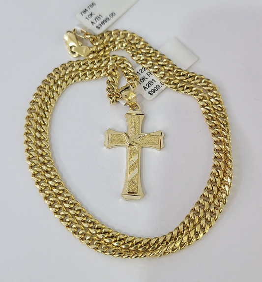 10k Gold Chain Miami Cuban Jesus Cross Charm Pendant Set 4mm 18"-28" Necklace