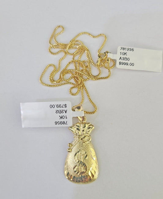 10K Solid Franco Chain Money Bag Pendant Dollar Charm Necklace 18"-24" 1.5mm