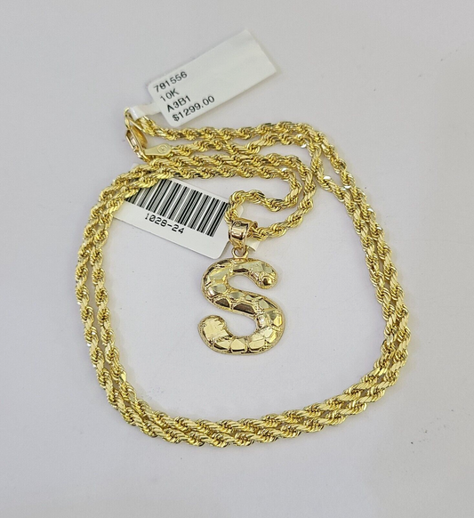 10k Gold Initial S Charm Rope Chain 16"-26" 2.5mm SET Necklace Alphabet Pendant