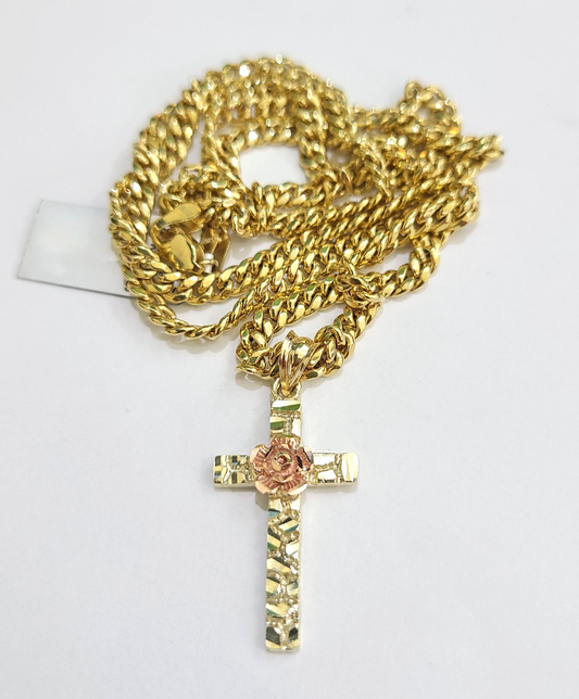 10k Gold Chain Miami Cuban Jesus Cross Charm Pendant Set 4mm 18"28" Necklace