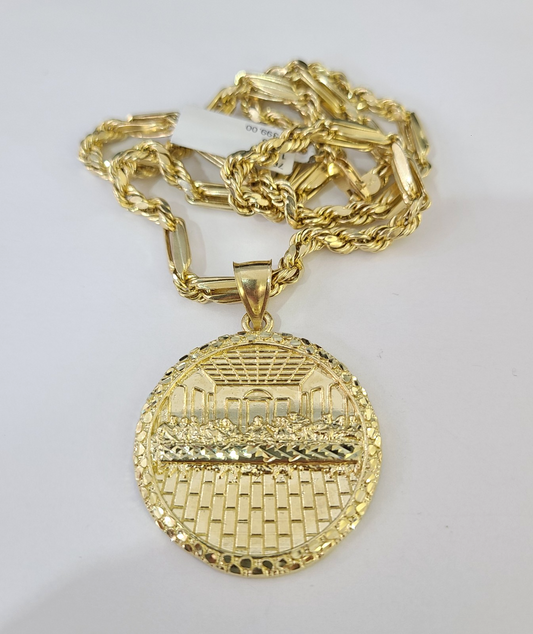 Real 10k Gold Milano Rope Chain Last Supper Necklace SET 5mm 18"-28" Pendant