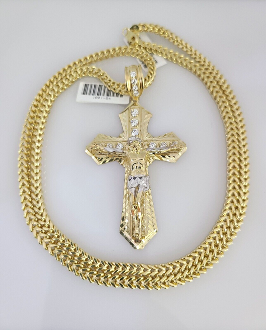 10K Franco Chain Jesus Cross Pendant Charm 20"-28" 4mm Gold SET Necklace Yellow