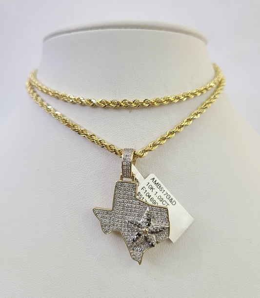 10k Solid Rope Chain 3mm Diamond Texas Map Pendant Charm Necklace SET 18-26 in