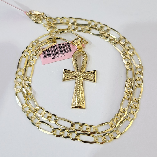 14k Solid Figaro Chain Ankh Jesus Cross Pendant Gold 5mm 18-28 inch SET Necklace