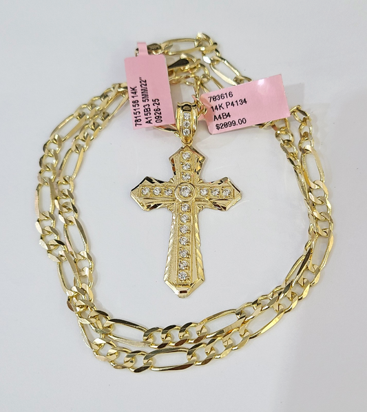 14k Solid Figaro Chain Jesus Cross Pendant Gold 5mm 18-28 inch SET Necklace