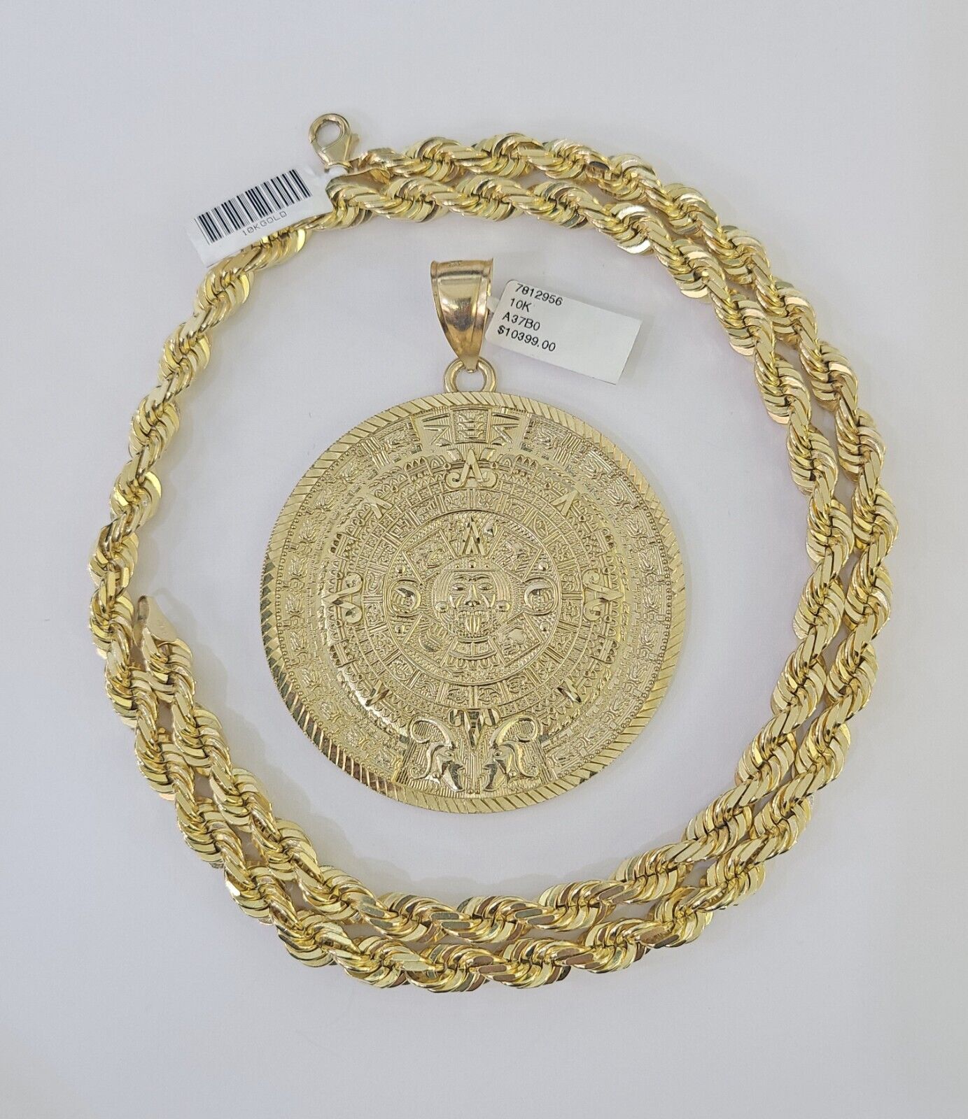 10k Solid Rope Chain Mayan Calendar Pendant Necklace 7mm 20"-30" SET Charm