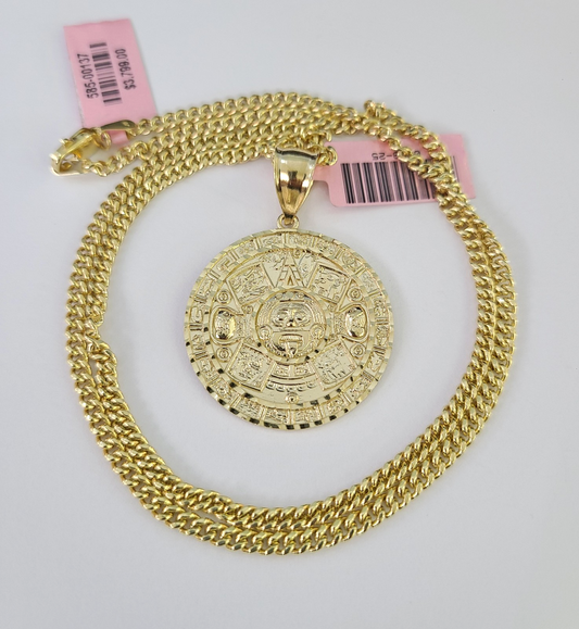 14k Miami Cuban Chain Mayan Calendar Charm Pendant 3mm 18"24" inch SET Necklace
