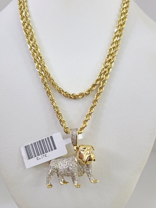 10k Solid Rope Chain Bull Dog Pendant Diamond Necklace 20"-28" Gold Set 3mm