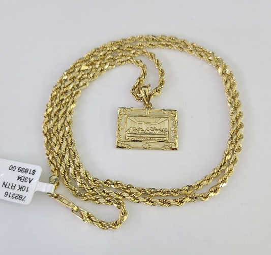 10k 2.5mm Rope Chain Last Supper Pendant 18"28" Gold Set Charm Necklace