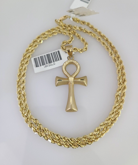 10k Solid Rope Chain Ankh Cross Pendant 18"-28" Gold Set Charm Necklace 3mm