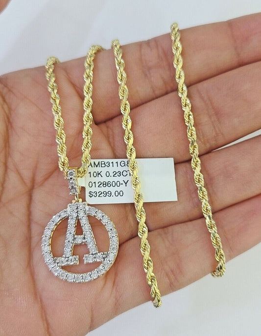 10k 2.5mm Rope Chain A Diamond Pendant Alphabet 18"-30" Gold Set Charm
