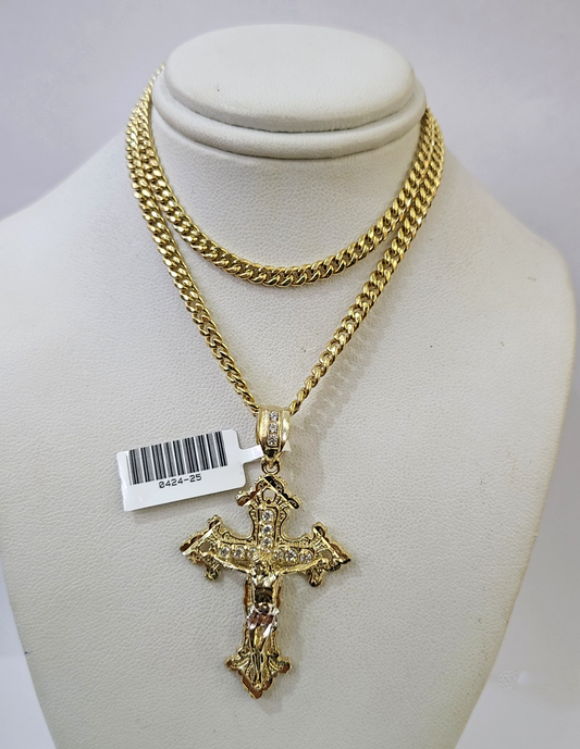 10k Gold Chain Miami Cuban Jesus Cross Charm Pendant Set 4mm 18"-28" Necklace